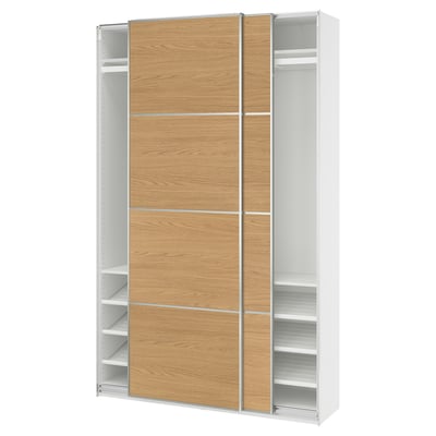 PAX / MEHAMN Wardrobe with sliding doors, white aluminum/double sided oak effect, 59x16 7/8x93 1/8 "