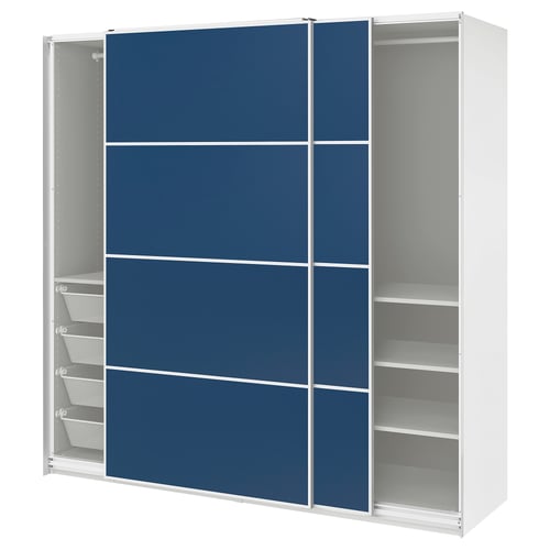 PAX / MEHAMN Wardrobe with sliding doors, white white/double sided blue, 78 3/4x26x79 1/4 "
