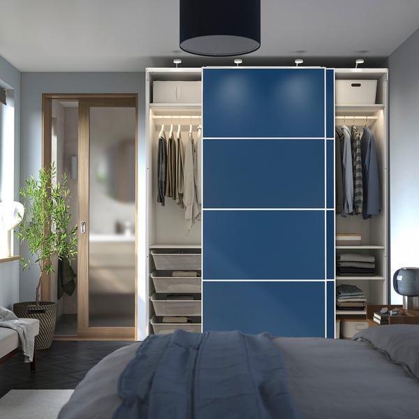PAX / MEHAMN Wardrobe with sliding doors, white white/double sided blue, 78 3/4x26x93 1/8 "