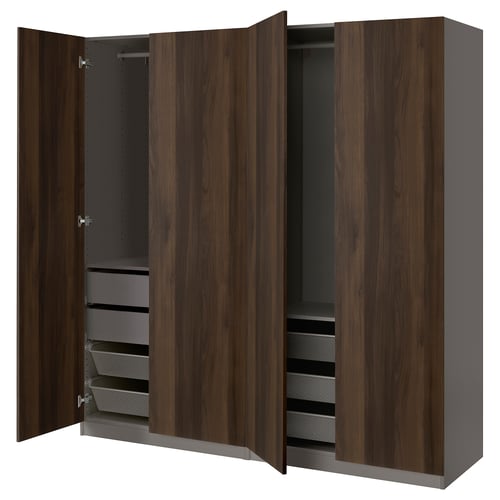 Brown PAX wardrobe with wooden finish, two open sections showing shelves and drawers.