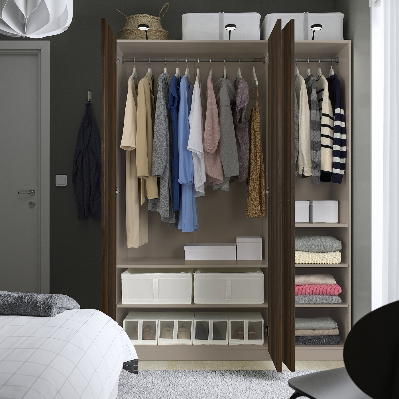 PAX / STORKLINTA wardrobe combination, gray-beige/dark brown