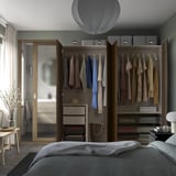 PAX / STORKLINTA Wardrobe combination, gray-beige/dark brown stained oak effect, 78 3/4x26x79 1/4 "