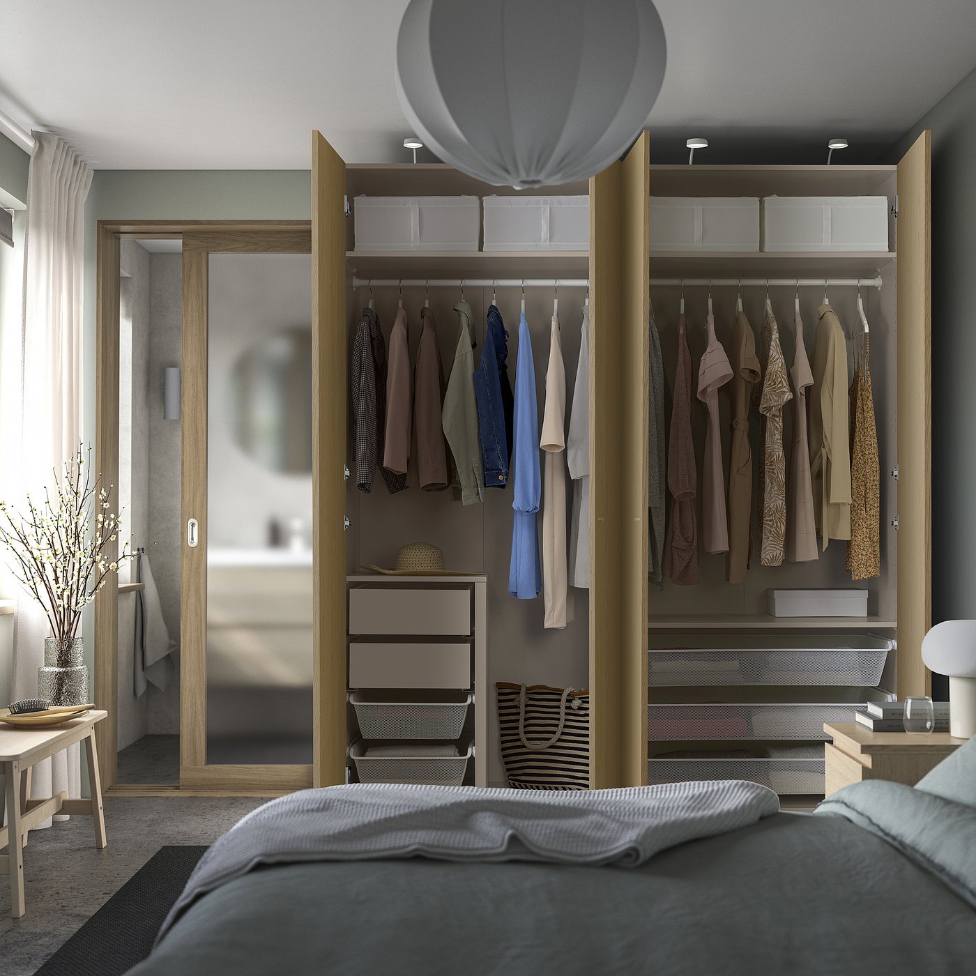 PAX / STORKLINTA wardrobe combination, gray-beige/oak effect