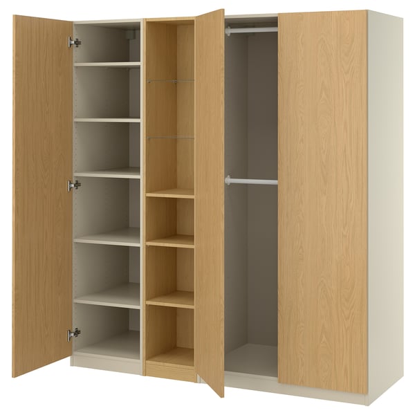 PAX wardrobe, light wood, rectangular, with open doors revealing shelves.