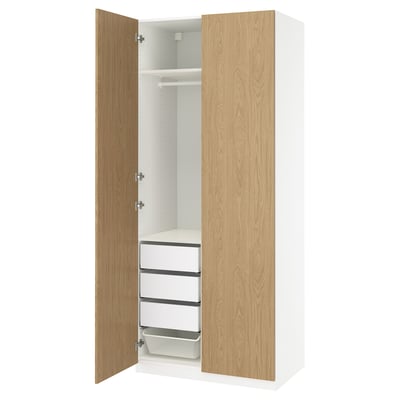 PAX / STORKLINTA Wardrobe combination, white/oak effect, 39 3/8x23 5/8x93 1/8 "