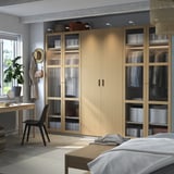 PAX / TONSTAD Wardrobe combination, gray-beige/oak veneer glass, 118 1/8x23 5/8x93 1/8 "