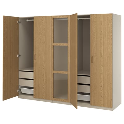 PAX / TONSTAD Wardrobe combination, gray-beige/oak veneer glass, 98 3/8x23 5/8x79 1/4 "