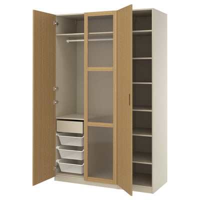 PAX / TONSTAD Wardrobe combination, gray-beige/oak veneer glass, 59x23 5/8x93 1/8 "