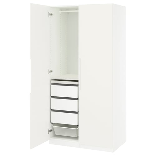 A white PAX wardrobe with one door open, revealing shelves and a drawer.