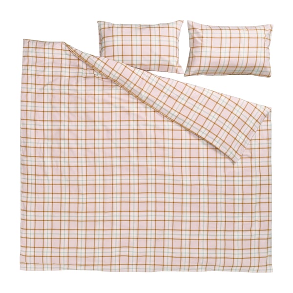 PEROVSKIA plaid bedding set, peach and brown, cotton, squares, 3 pieces.