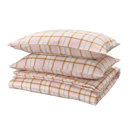 PEROVSKIA pink plaid bedding set, folded with light yellow and mint accents, square pillows.
