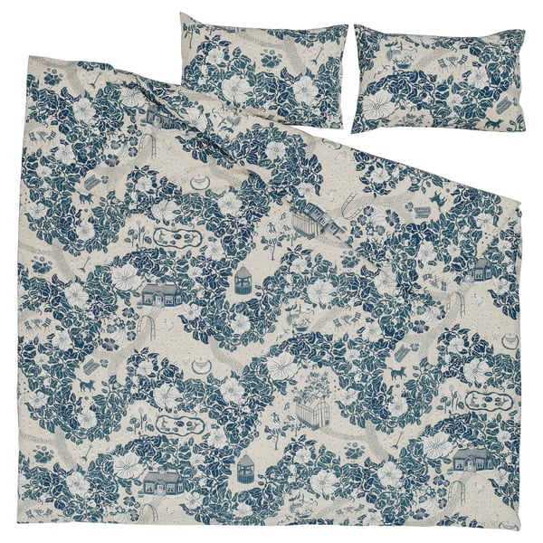 PJÄXE bedding set, blue, floral pattern, cotton-lyocell blend.