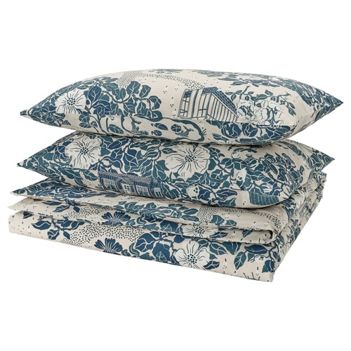 PJÄXE bedding set, blue floral design, folded, made of 50% cotton, 50% lyocell.