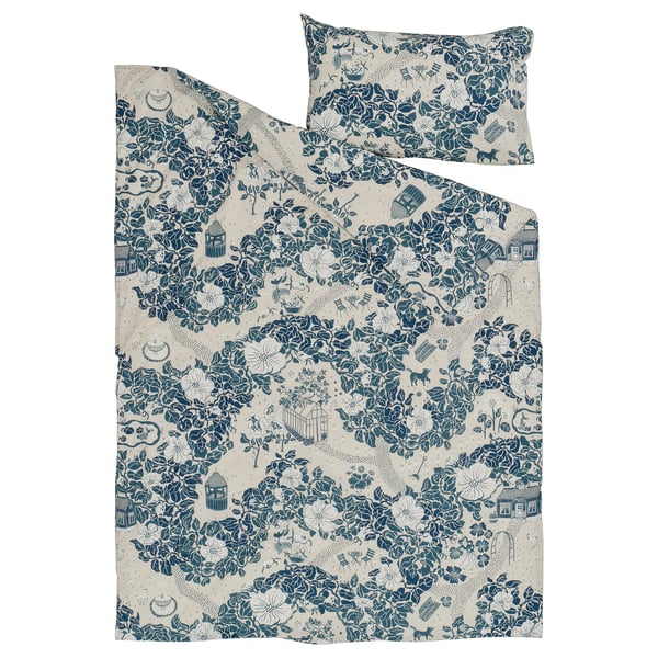 Blue floral bedding set with houses & foliage print, cotton & lyocell, rectangular, zip closure.