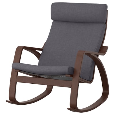 POÄNG rocking chair: dark grey cushion, bent oak frame, sleek design.