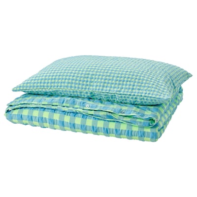 RÅGBLOMMA Duvet cover and pillowcase(s), light green/light blue, Twin