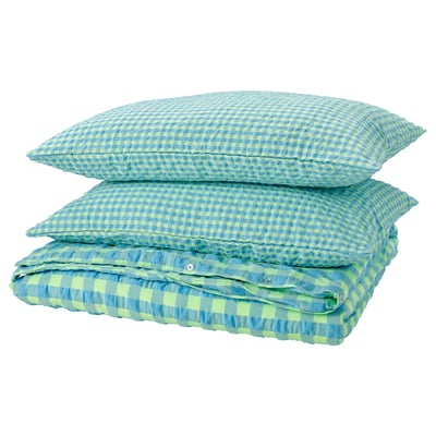 RÅGBLOMMA Duvet cover and pillowcase(s), light green/light blue, Full/Queen (Double/Queen)