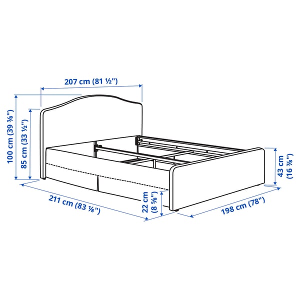 RAMNEFJÄLL Upholstered bed frame, Klovsta gray/white/Luröy, King
