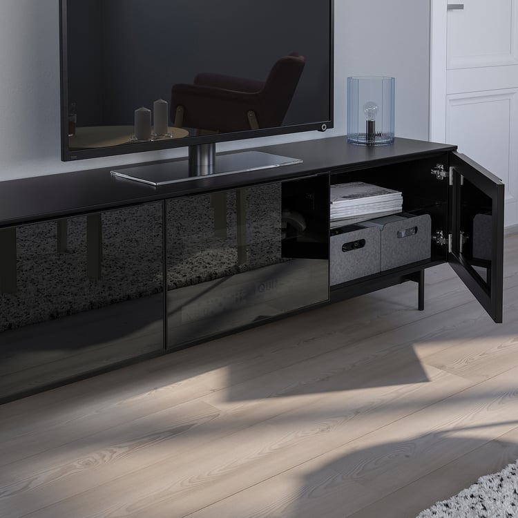 RANNÄS TV unit with doors, black/black glass, 178x42 cm (701/8x161/2
