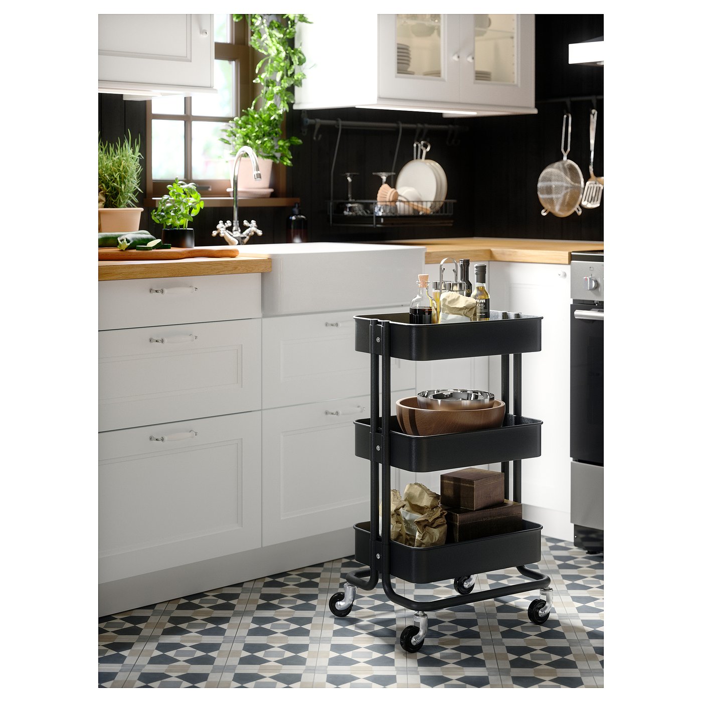 RÅSKOG utility cart, black, 35x45x77 cm (133/4x173/4x303/8