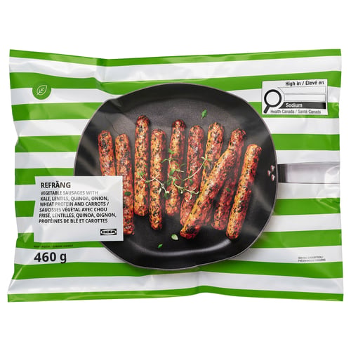 IKEA food packaging: refrang vegetable sausages. Green bag with cooked sausages in pan.