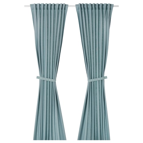 RITVA Curtains with tie-backs, 1 pair - gray-blue/with heading tape 145x165 cm (57x65 ")