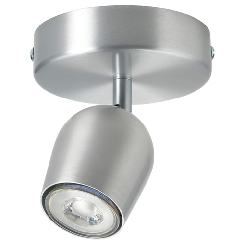 Silver ceiling spotlight, adjustable, aluminium, chrome, round shade, metal base.