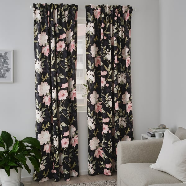 ROSENMOTT Blackout curtains, 1 pair black, floral patterned IKEA