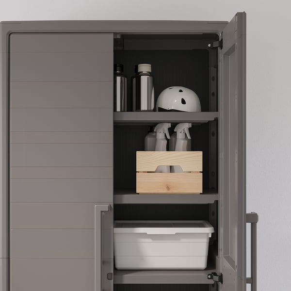 RUNMARÖ Cabinet with doors, dark gray indoor/outdoor, 31 1/2x17 3/8x71 5/8 "