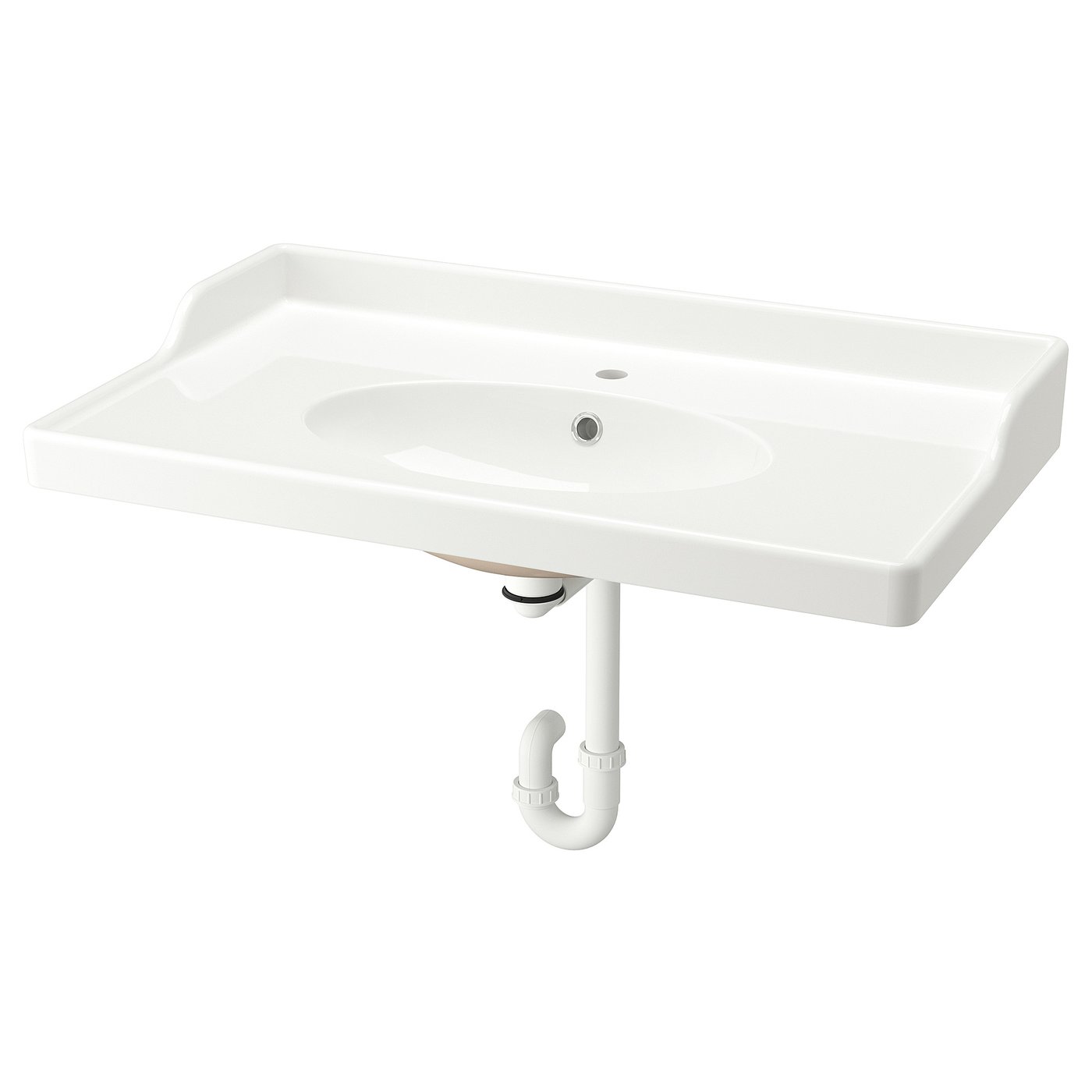 A white RUTSJÖN ceramic wash-basin with a raised backsplash and oval bowl, designed for a traditional look.