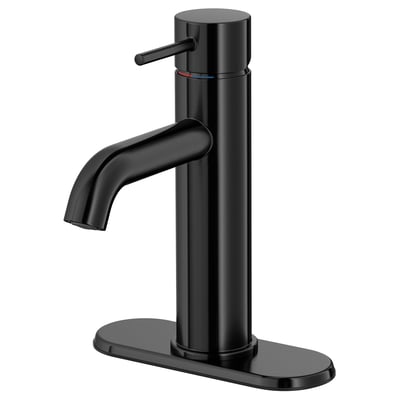 Black modern bathroom tap with single lever handle, sleek cylindrical body, and wide base plate.