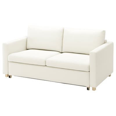 A white SALTSJÖBADEN sofa with a sleek design and cushioned seats and backrests supported by four golden legs.