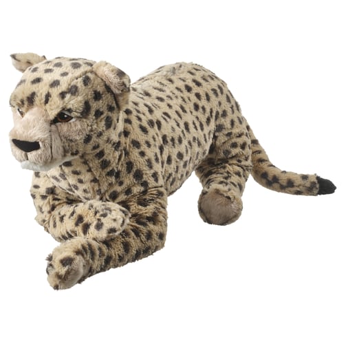 Large cuddly toy cheetah, beige with dark spots, lying down. Realistic soft texture.
