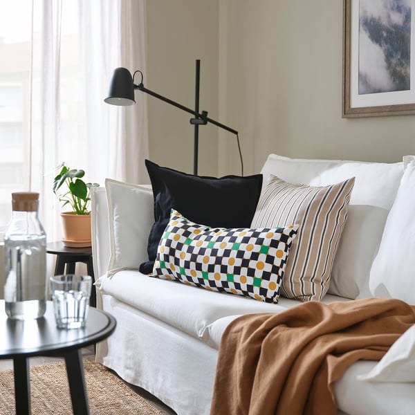 SANDMOTT Cushion, white black/yellow, 12x23 "