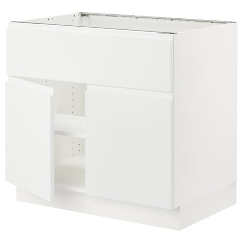 SEKTION white kitchen cabinet, modern minimalist design with integrated handles, adjustable shelves.