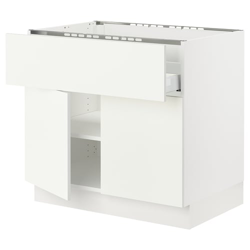 SEKTION white kitchen cabinet with adjustable shelf and snap-on hinges.