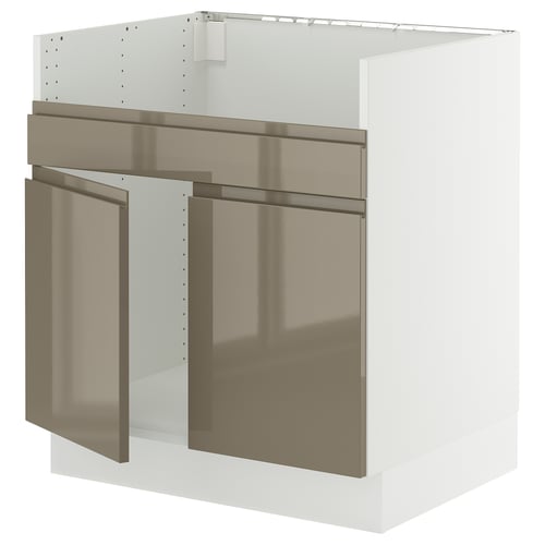 Modern kitchen cabinet in high gloss brown with integrated handles, featuring sleek metal edges and sturdy construction.