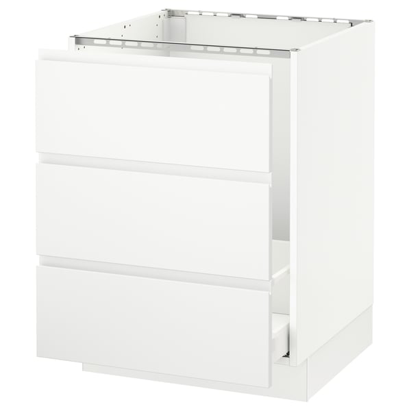 A modern white kitchen cabinet from the SEKTION series with three drawers, featuring a sleek and minimalist design.