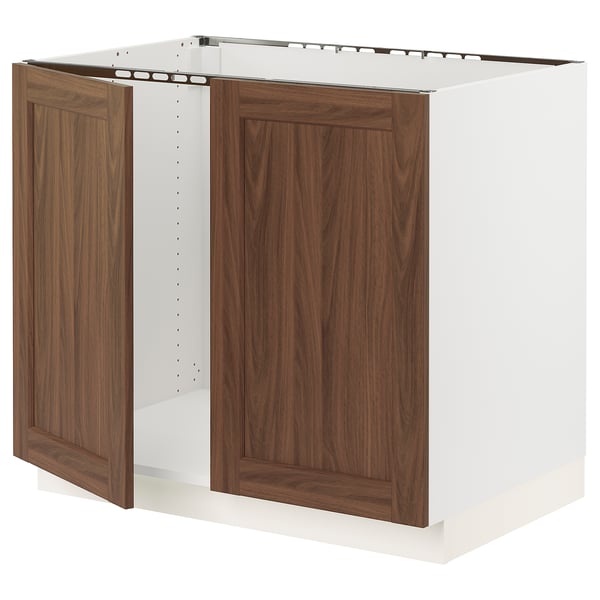 SEKTION Base cabinet for sink + 2 doors, white Enköping/brown walnut effect, 36x24x30 "