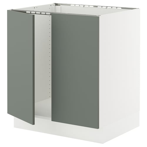An ikea SEKTION base kitchen cabinet in white with grey-green doors. It has modern, sleek lines and hardware-free hinges for a streamlined look.