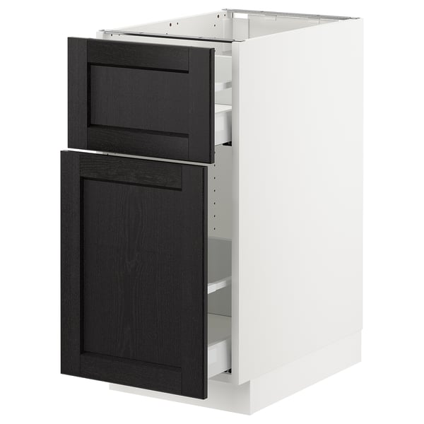 SEKTION Base cabinet/p-out storage/drawer, white Maximera/Lerhyttan black stained, 15x24x30 "