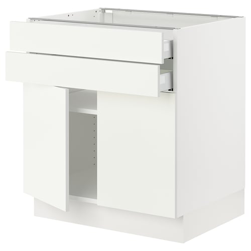 Ikea SEKTION base cabinet in white with two adjustable shelves and a drawer. Modern minimalist design.