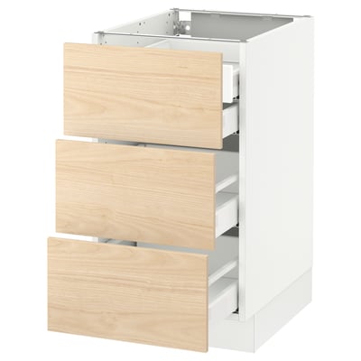 SEKTION Base cabinet w/3 fronts & 4 drawers, white Maximera/Askersund light ash effect, 18x24x30 "