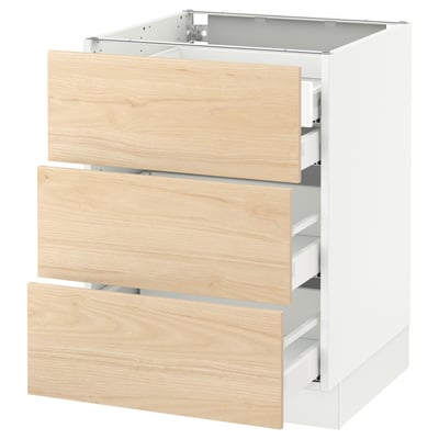 An ikea SEKTION kitchen cabinet with three light ash wooden drawers.