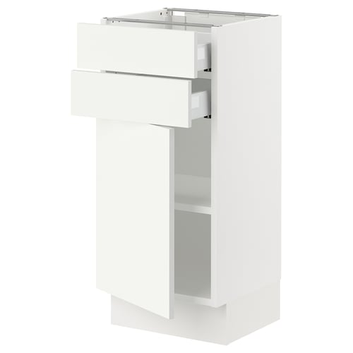 White cabinet unit with two open drawers, modern design, smooth finish.