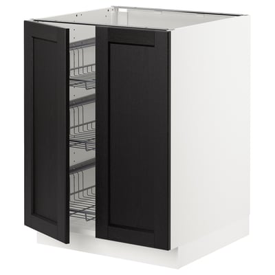SEKTION Base cabinet w wire basket/2 doors, white/Lerhyttan black stained, 24x24x30 "