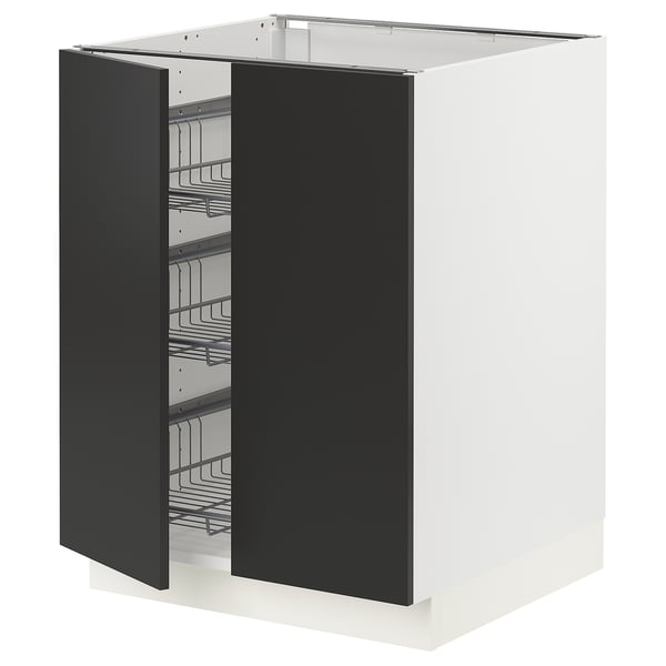 SEKTION Base cabinet w wire basket/2 doors, white/Nickebo matt anthracite, 24x24x30 "