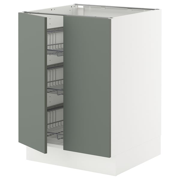 SEKTION Base cabinet w wire basket/2 doors, white/Nickebo matt grey-green, 24x24x30 "