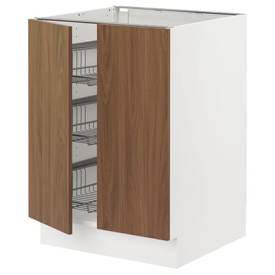 SEKTION Base cabinet w wire basket/2 doors, white/Tistorp brown walnut effect, 24x24x30 "