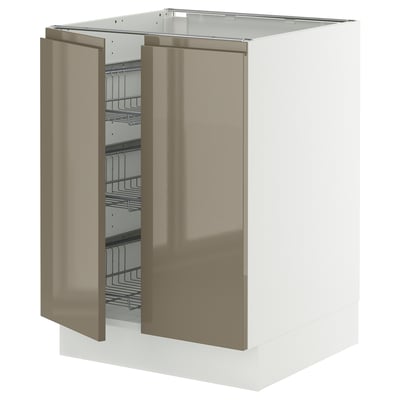 SEKTION Base cabinet w wire basket/2 doors, white/Voxtorp high-gloss dark grey-brown, 24x24x30 "